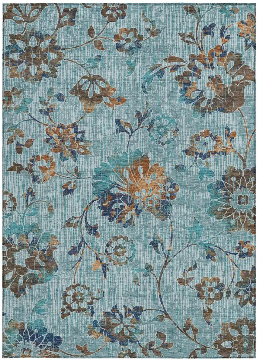 Teal Blue And Gray Floral Washable Indoor Outdoor Area Rug Photo 3
