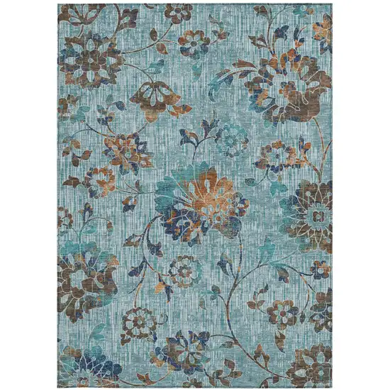 Teal Blue And Gray Floral Washable Indoor Outdoor Area Rug Photo 3