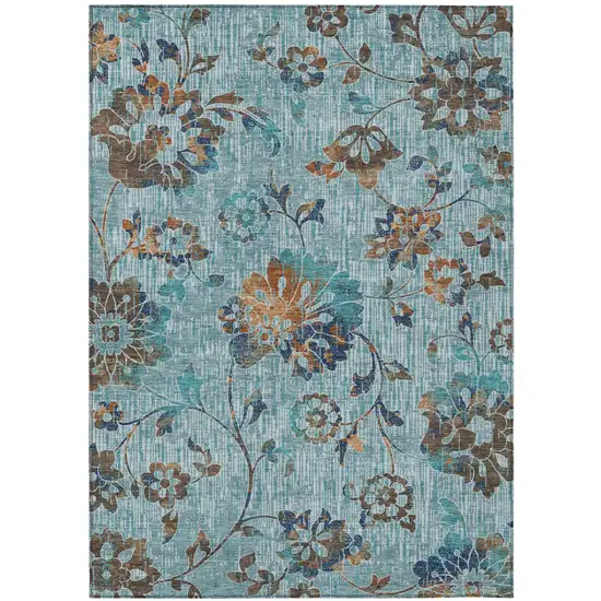 Teal Blue And Gray Floral Washable Indoor Outdoor Area Rug Photo 1
