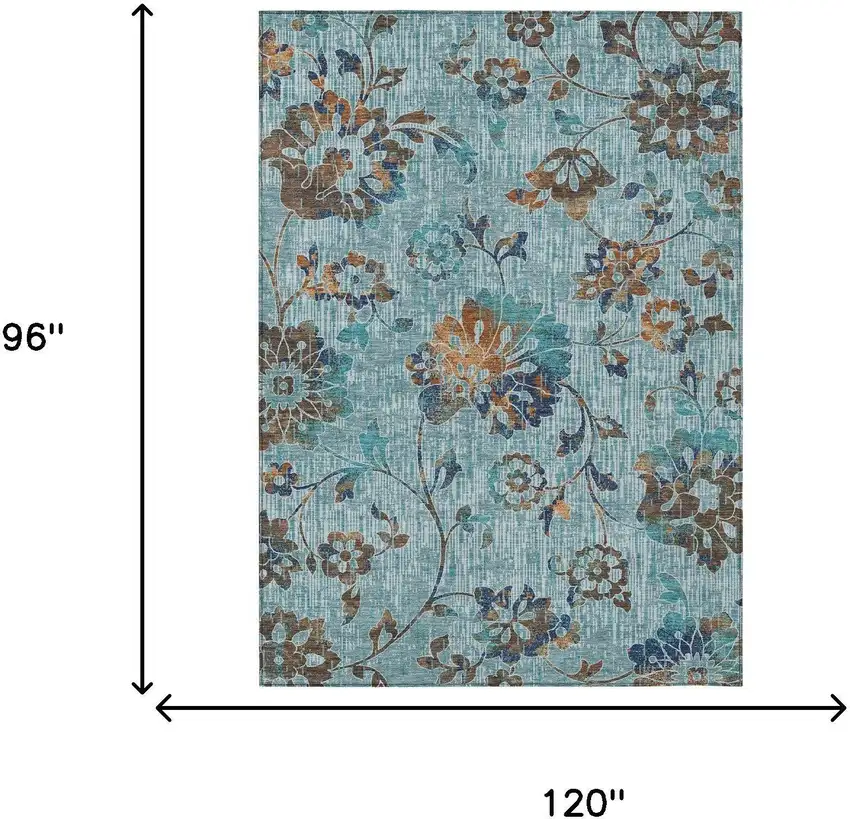 Teal Blue And Gray Floral Washable Indoor Outdoor Area Rug Photo 6
