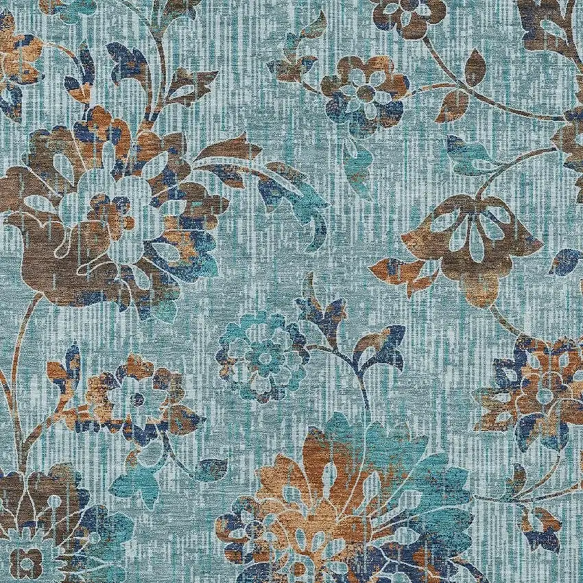 Teal Blue And Gray Floral Washable Indoor Outdoor Area Rug Photo 2