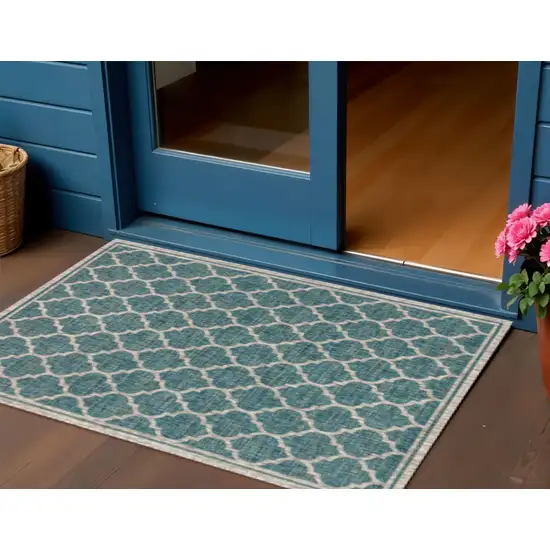 Teal Blue And Gray Geometric Indoor Outdoor Area Rug Photo 1