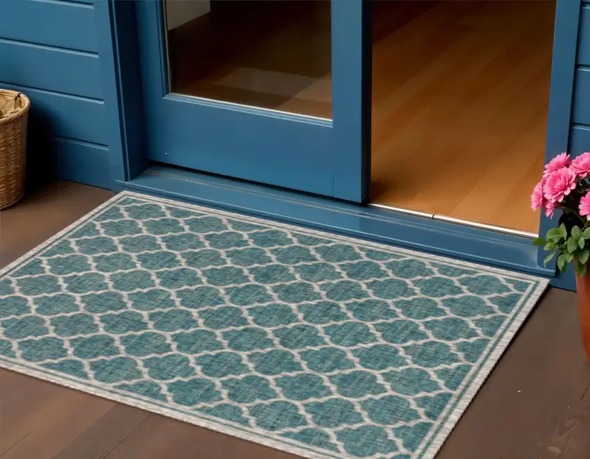 Teal Blue And Gray Geometric Indoor Outdoor Area Rug Photo 1
