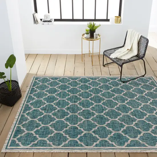 Teal Blue And Gray Geometric Indoor Outdoor Area Rug Photo 8