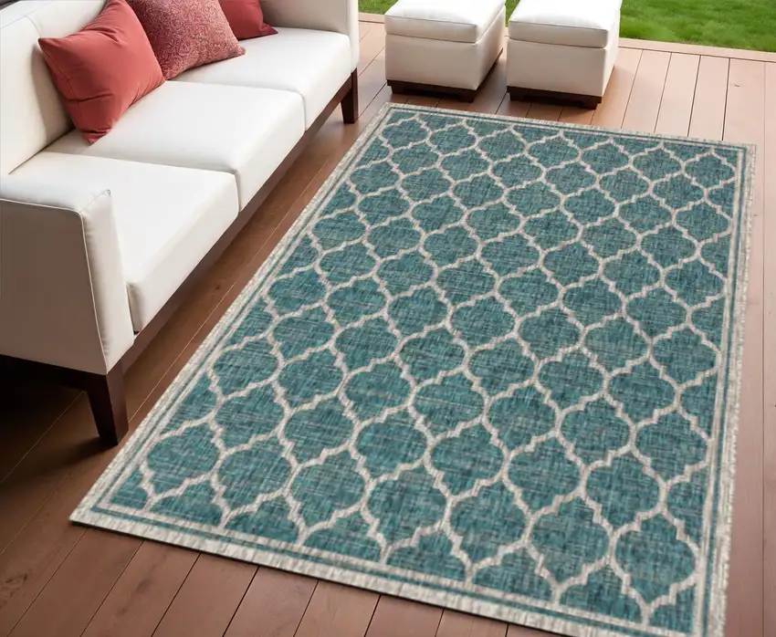 Teal Blue And Gray Geometric Indoor Outdoor Area Rug Photo 1