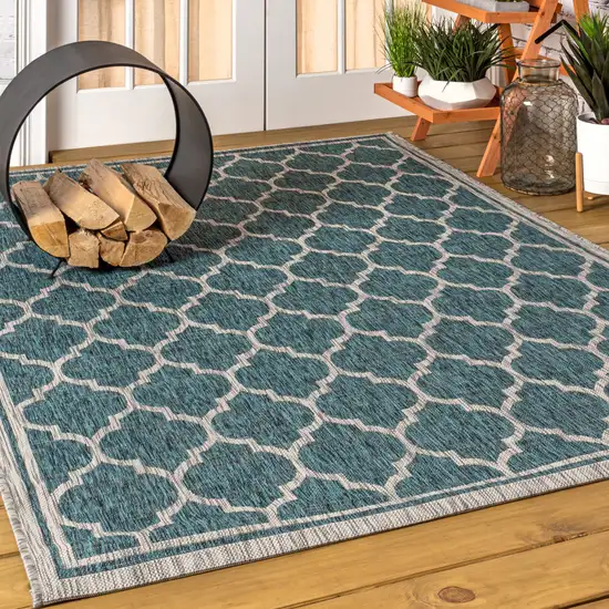 Teal Blue And Gray Geometric Indoor Outdoor Area Rug Photo 5