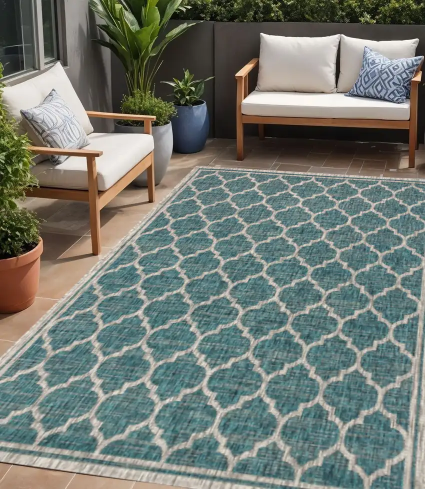 Teal Blue And Gray Geometric Indoor Outdoor Area Rug Photo 1