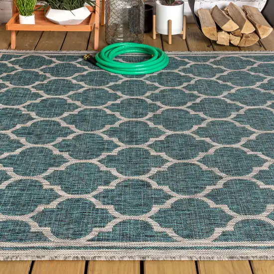 Teal Blue And Gray Geometric Indoor Outdoor Area Rug Photo 5