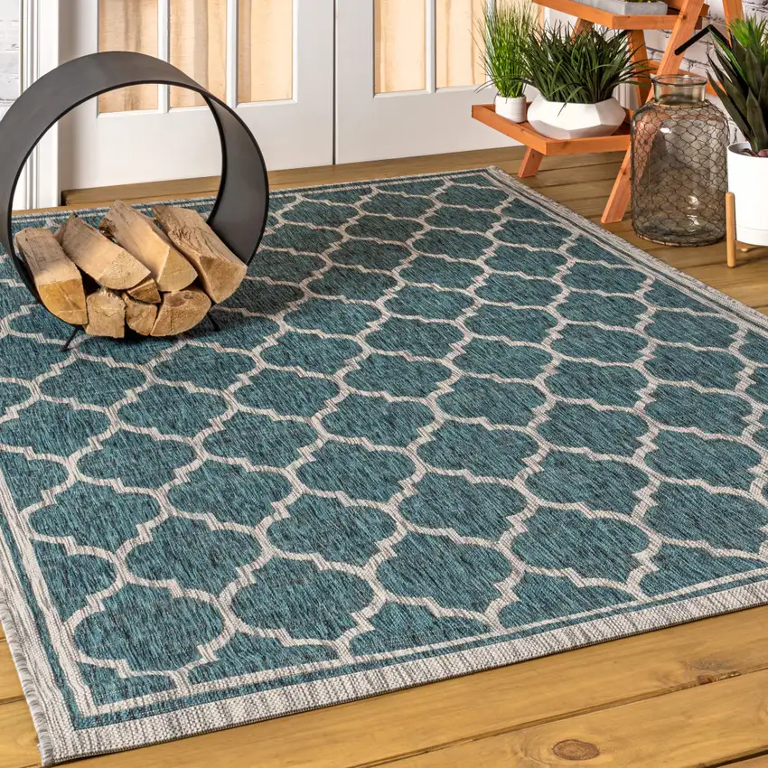 Teal Blue And Gray Geometric Indoor Outdoor Area Rug Photo 5