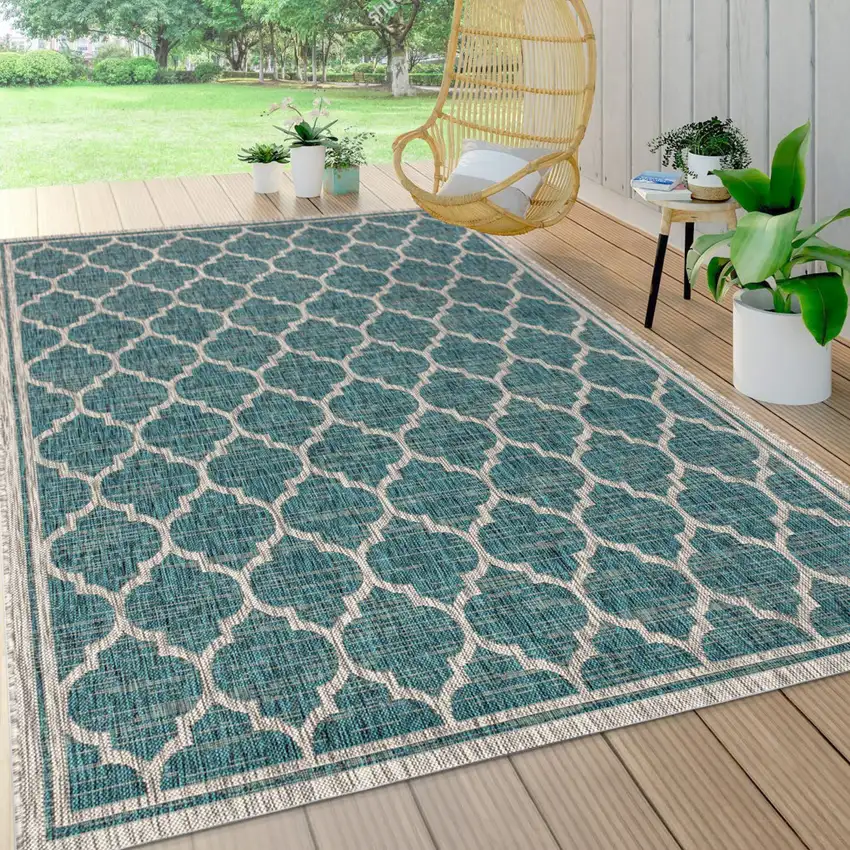 Teal Blue And Gray Geometric Indoor Outdoor Area Rug Photo 7