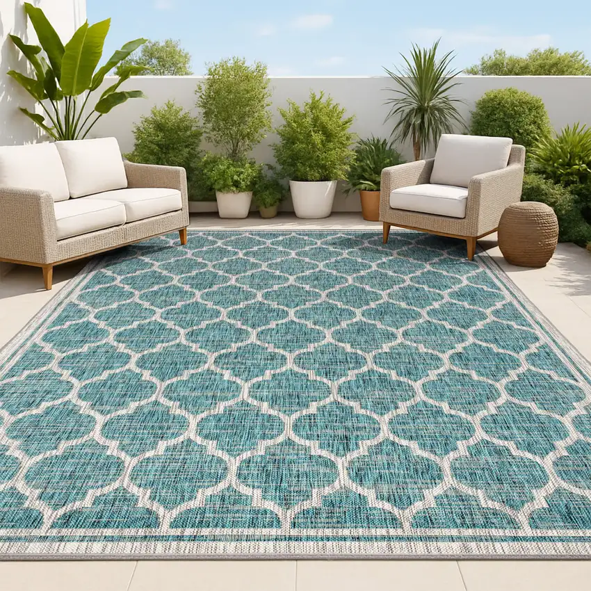 Teal Blue And Gray Geometric Indoor Outdoor Area Rug Photo 4