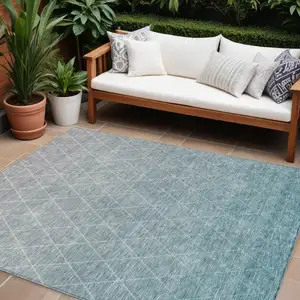 Photo of Teal Blue And Gray Geometric Washable Indoor Outdoor Area Rug