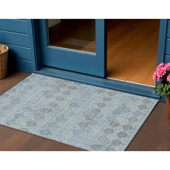 Teal Blue And Gray Geometric Washable Indoor Outdoor Area Rug Photo 2