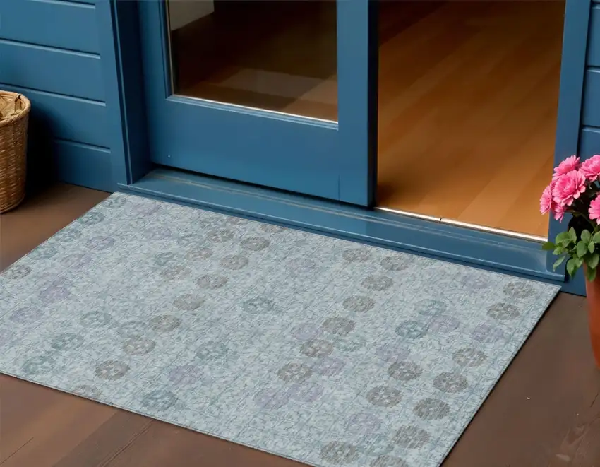 Teal Blue And Gray Geometric Washable Indoor Outdoor Area Rug Photo 2