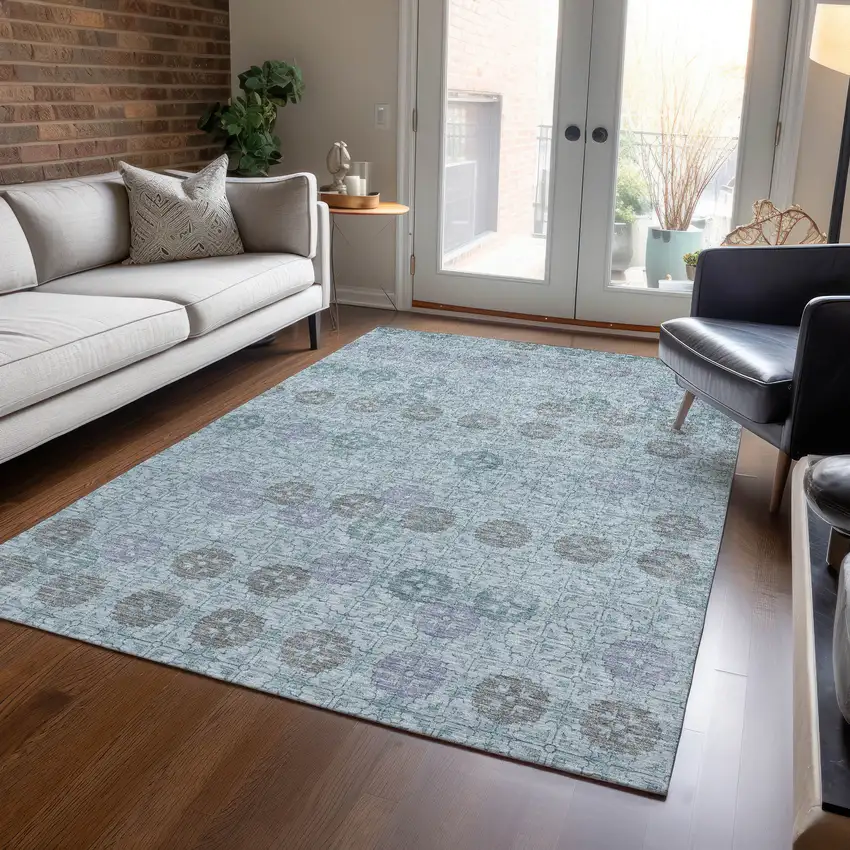 Teal Blue And Gray Geometric Washable Indoor Outdoor Area Rug Photo 6