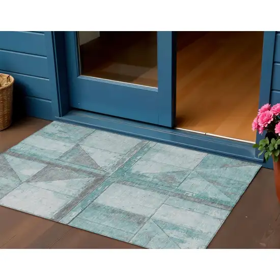 Teal Blue And Gray Geometric Washable Indoor Outdoor Area Rug Photo 2