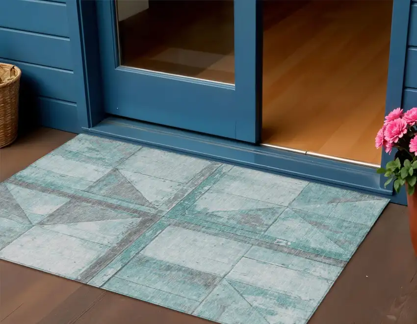Teal Blue And Gray Geometric Washable Indoor Outdoor Area Rug Photo 2