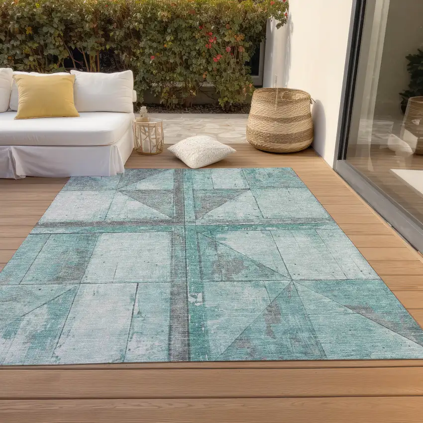 Teal Blue And Gray Geometric Washable Indoor Outdoor Area Rug Photo 8