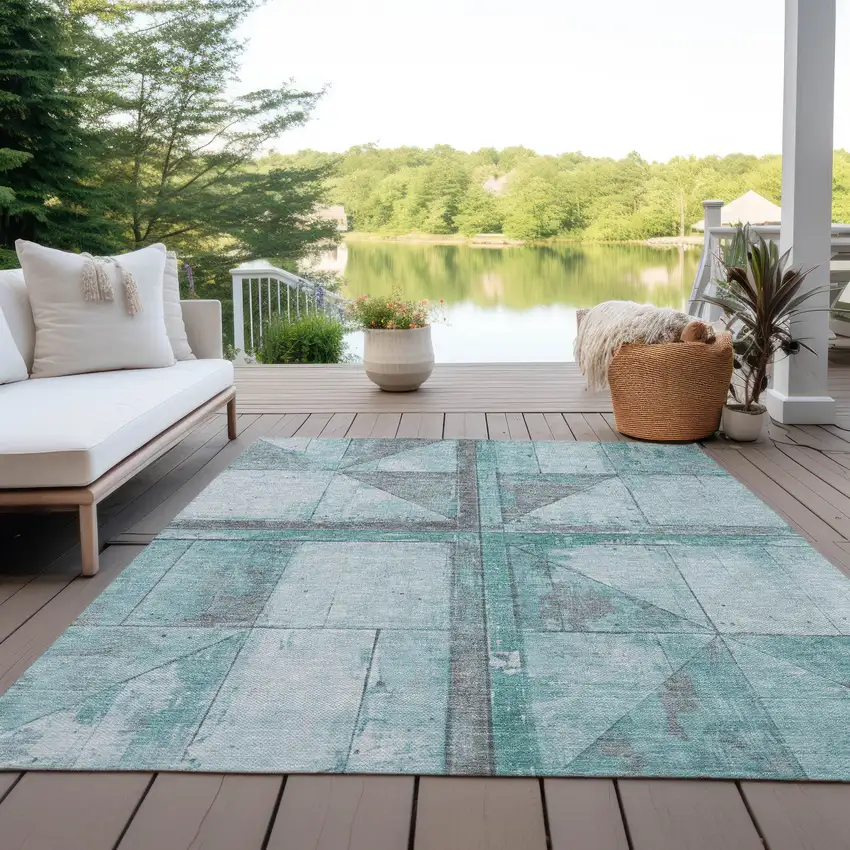 Teal Blue And Gray Geometric Washable Indoor Outdoor Area Rug Photo 5