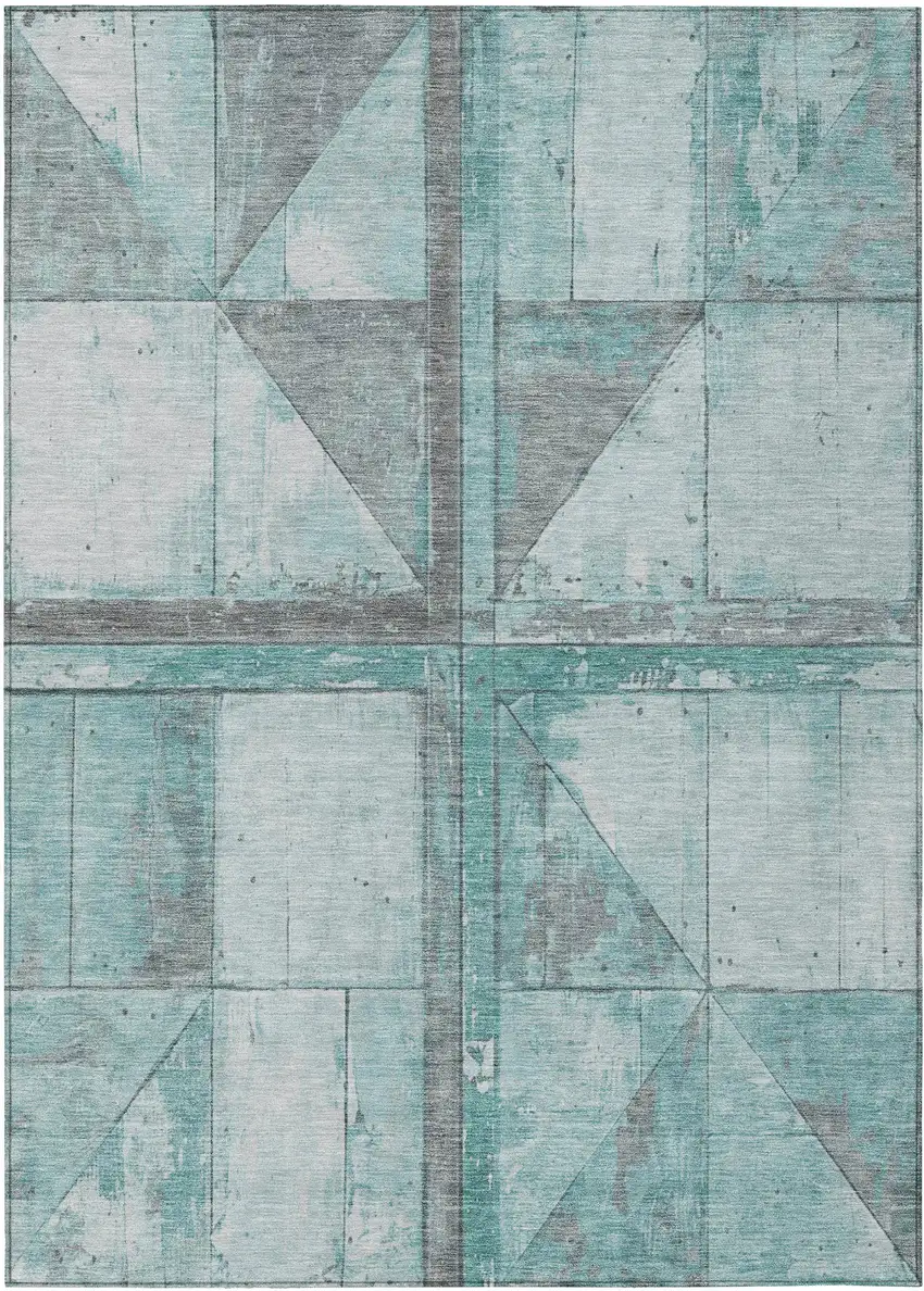 Teal Blue And Gray Geometric Washable Indoor Outdoor Area Rug Photo 1