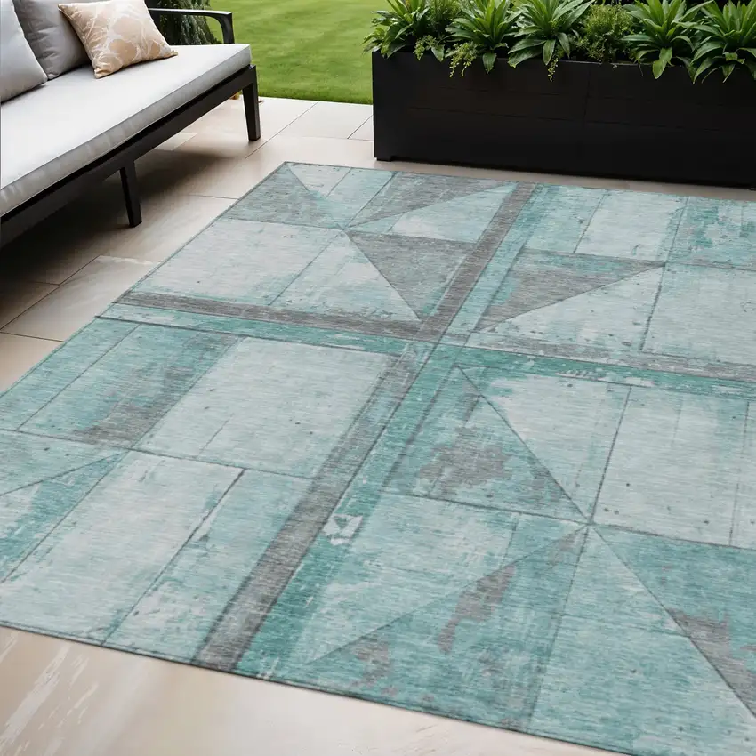 Teal Blue And Gray Geometric Washable Indoor Outdoor Area Rug Photo 2