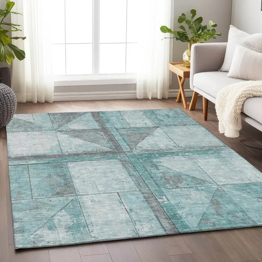Teal Blue And Gray Geometric Washable Indoor Outdoor Area Rug Photo 6