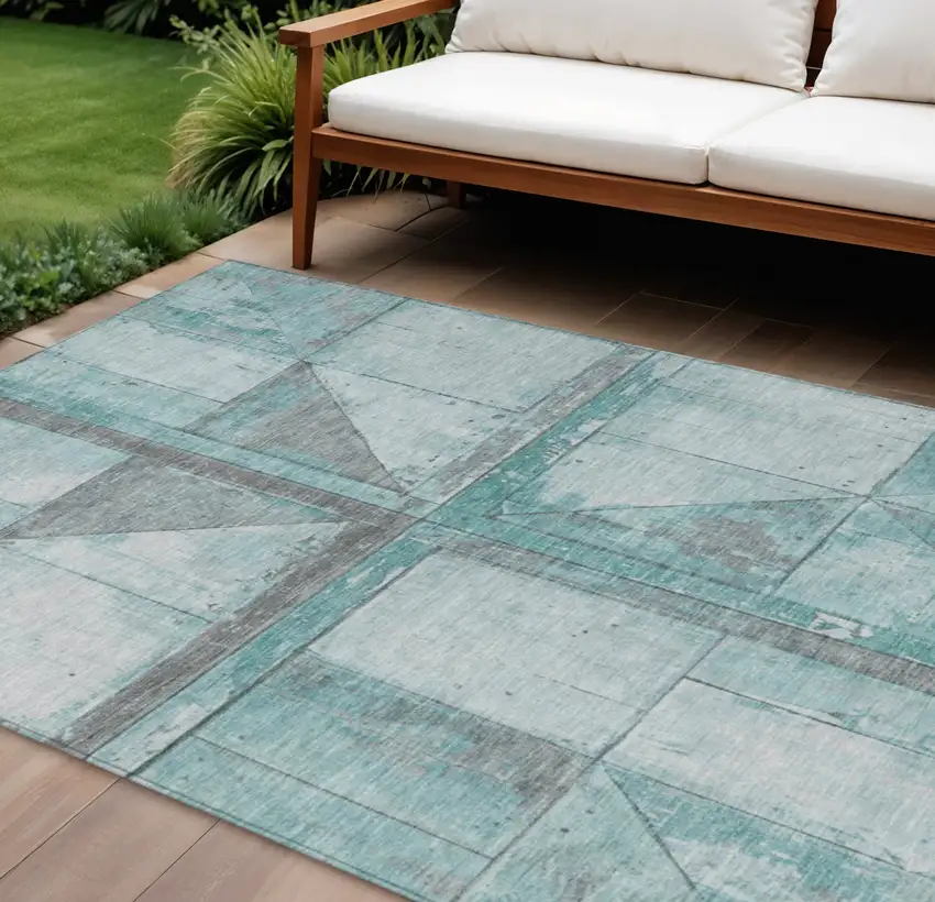 Teal Blue And Gray Geometric Washable Indoor Outdoor Area Rug Photo 2