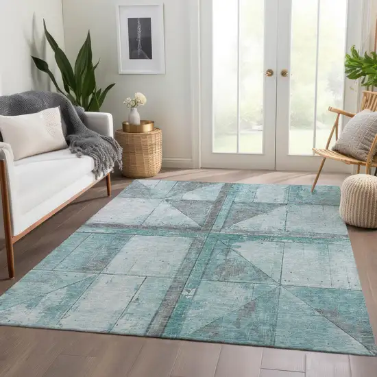 Teal Blue And Gray Geometric Washable Indoor Outdoor Area Rug Photo 7