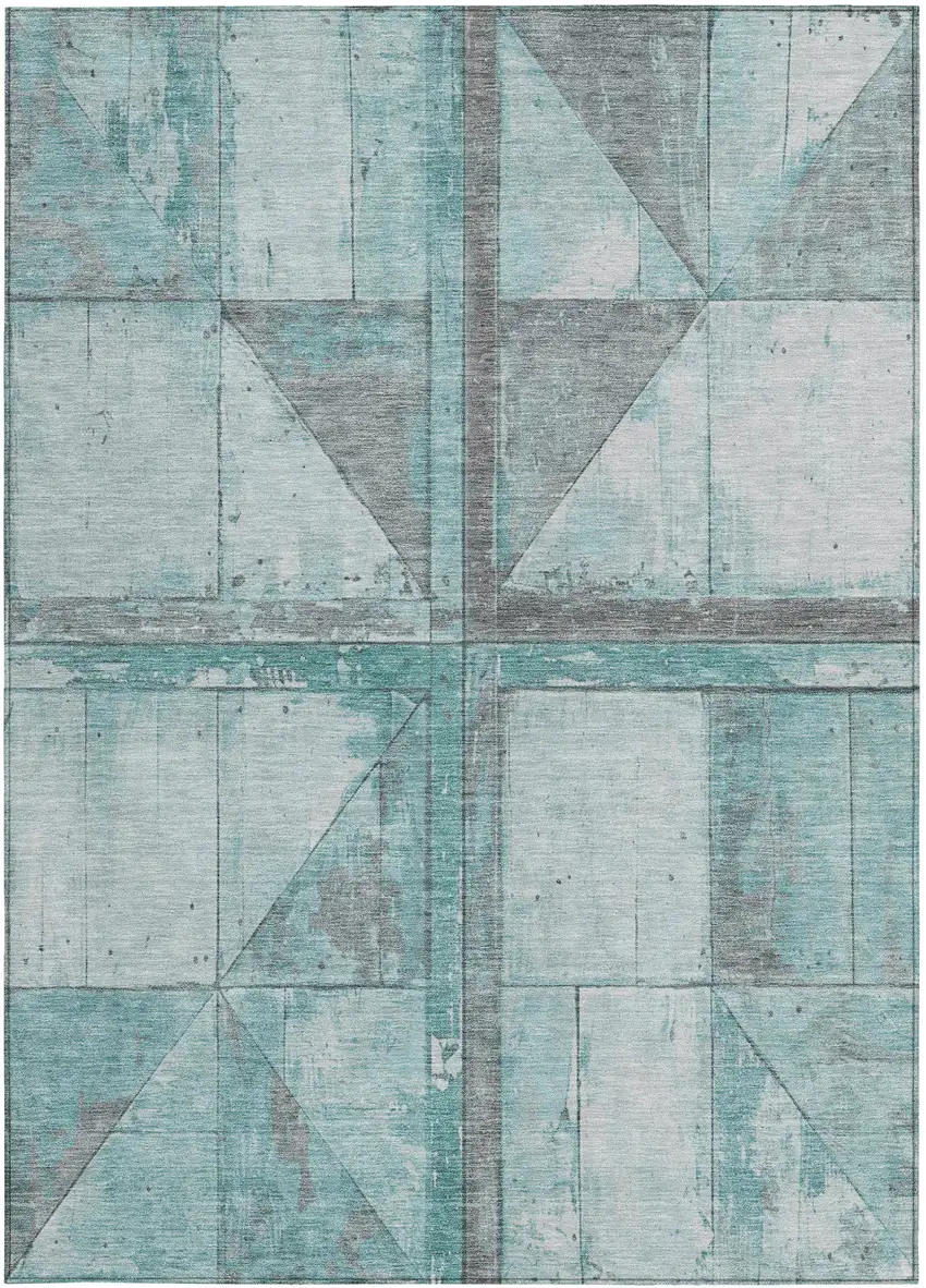 Teal Blue And Gray Geometric Washable Indoor Outdoor Area Rug Photo 4