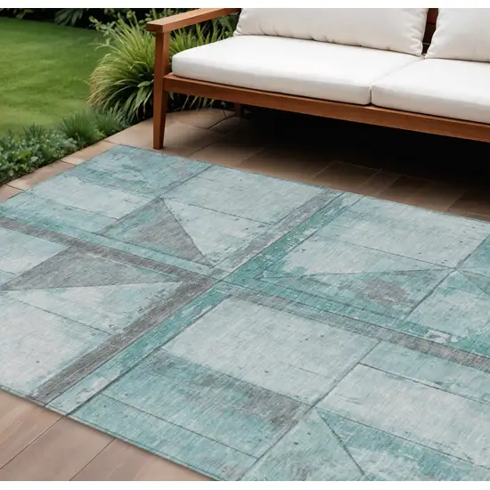 Teal Blue And Gray Geometric Washable Indoor Outdoor Area Rug Photo 2