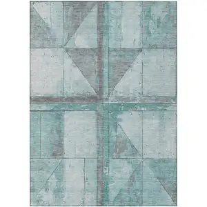 Photo of Teal Blue And Gray Geometric Washable Indoor Outdoor Area Rug