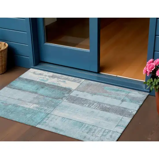 Teal Blue And Gray Geometric Washable Indoor Outdoor Area Rug Photo 2