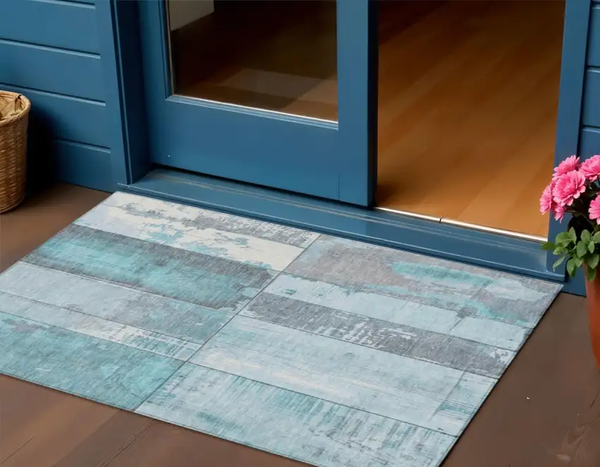 Teal Blue And Gray Geometric Washable Indoor Outdoor Area Rug Photo 2