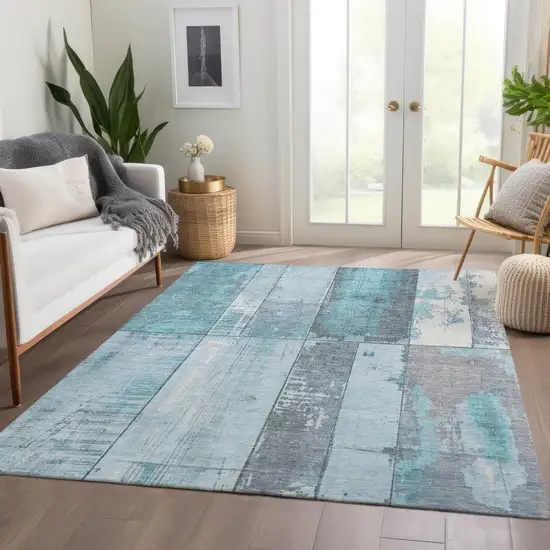 Teal Blue And Gray Geometric Washable Indoor Outdoor Area Rug Photo 7