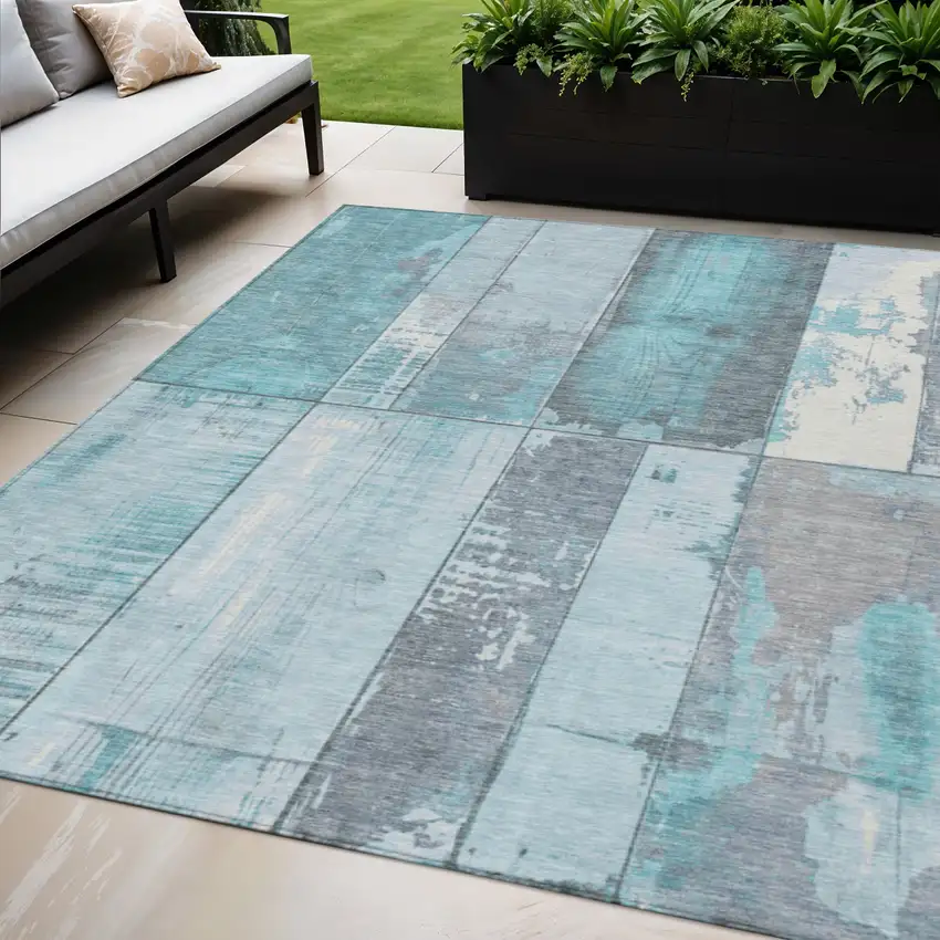 Teal Blue And Gray Geometric Washable Indoor Outdoor Area Rug Photo 2