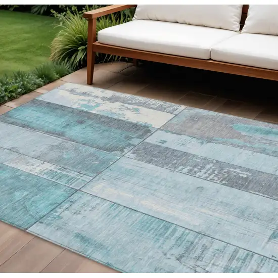 Teal Blue And Gray Geometric Washable Indoor Outdoor Area Rug Photo 2