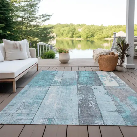 Teal Blue And Gray Geometric Washable Indoor Outdoor Area Rug Photo 5