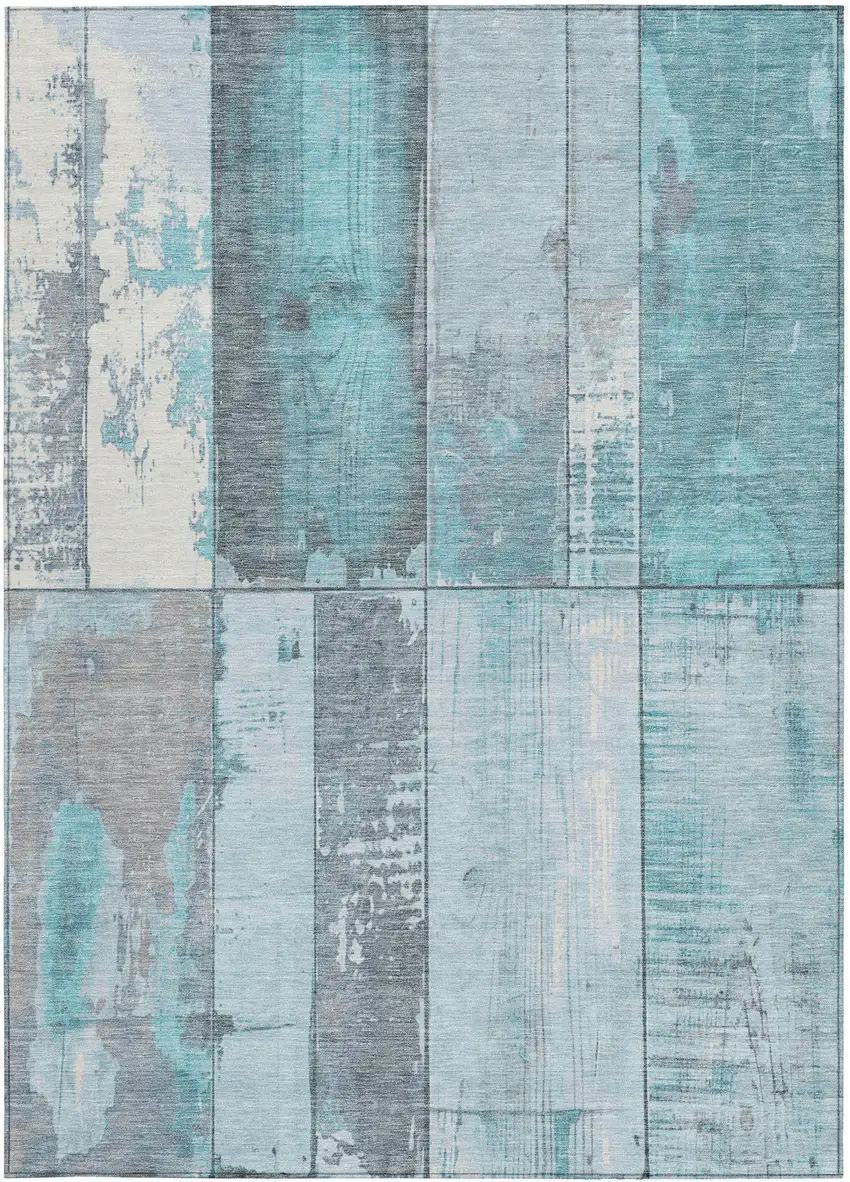 Teal Blue And Gray Geometric Washable Indoor Outdoor Area Rug Photo 7