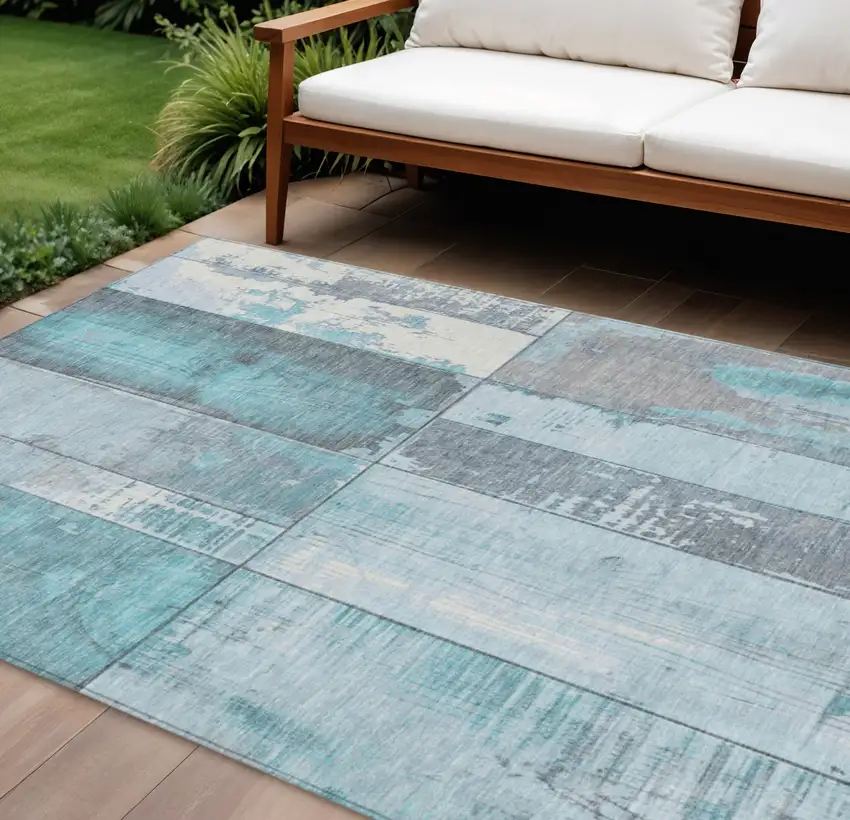Teal Blue And Gray Geometric Washable Indoor Outdoor Area Rug Photo 2