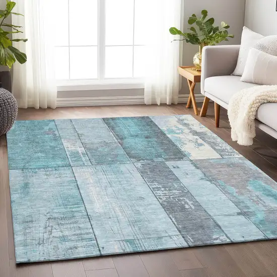 Teal Blue And Gray Geometric Washable Indoor Outdoor Area Rug Photo 6