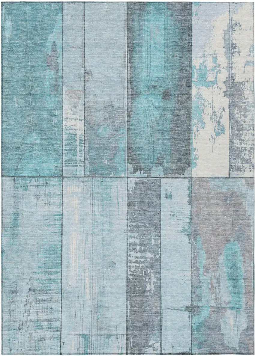 Teal Blue And Gray Geometric Washable Indoor Outdoor Area Rug Photo 1