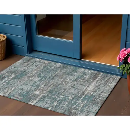 Teal Blue And Gray Geometric Washable Indoor Outdoor Area Rug Photo 2