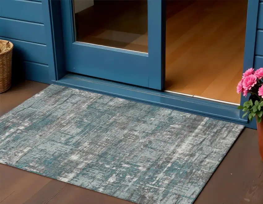 Teal Blue And Gray Geometric Washable Indoor Outdoor Area Rug Photo 2