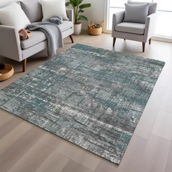 Teal Blue And Gray Geometric Washable Indoor Outdoor Area Rug Photo 6