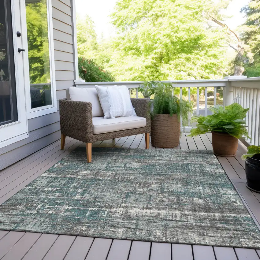 Teal Blue And Gray Geometric Washable Indoor Outdoor Area Rug Photo 8