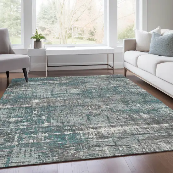 Teal Blue And Gray Geometric Washable Indoor Outdoor Area Rug Photo 7