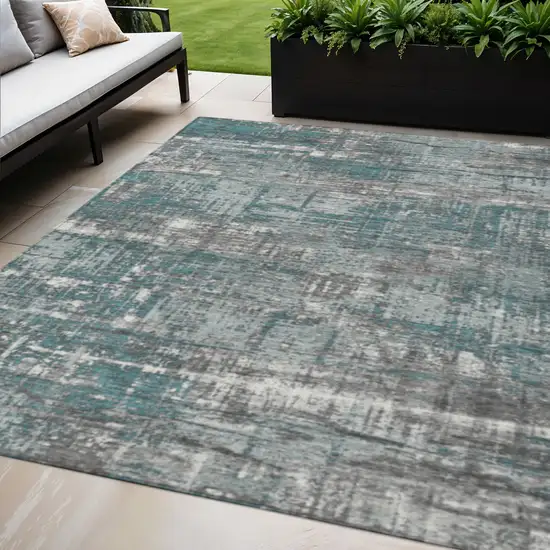 Teal Blue And Gray Geometric Washable Indoor Outdoor Area Rug Photo 2