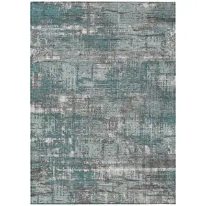 Photo of Teal Blue And Gray Geometric Washable Indoor Outdoor Area Rug