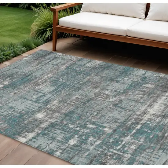 Teal Blue And Gray Geometric Washable Indoor Outdoor Area Rug Photo 2