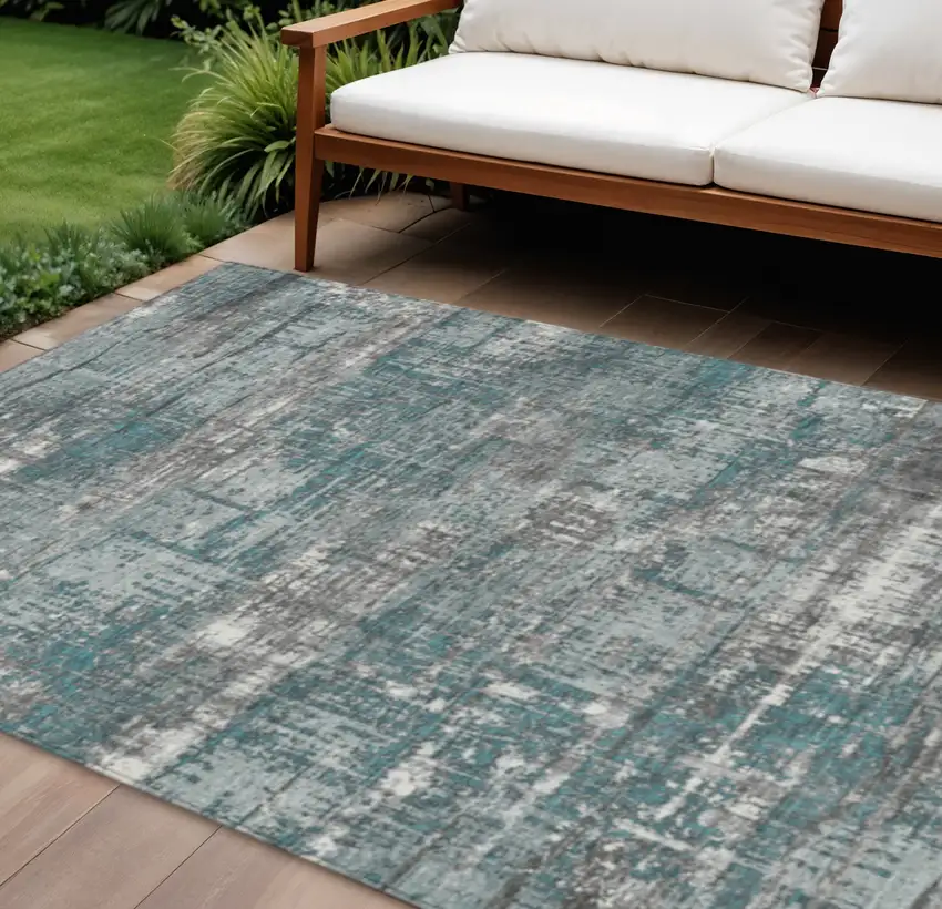 Teal Blue And Gray Geometric Washable Indoor Outdoor Area Rug Photo 2